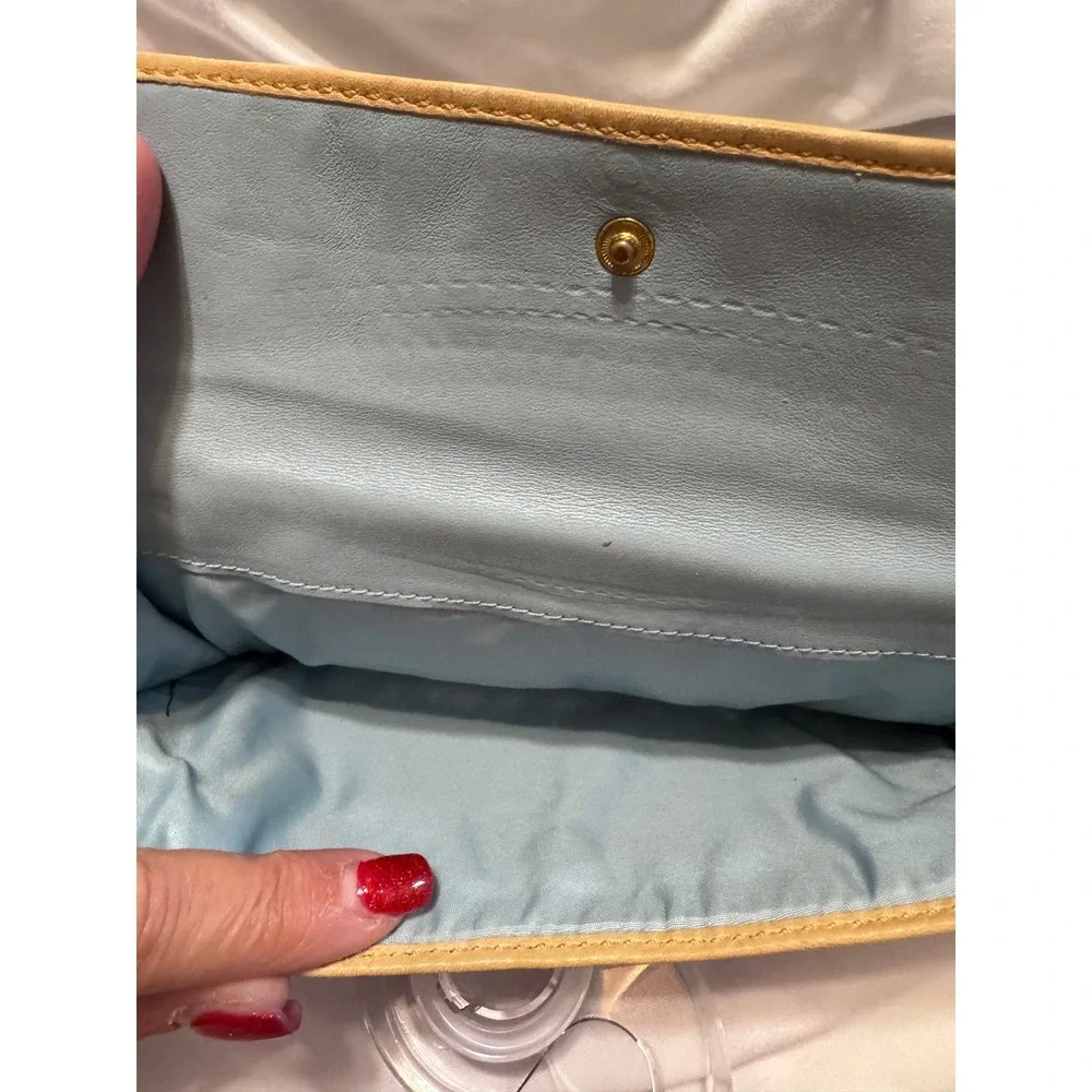 Coach Signature C Jacquard Turnlock Trifold Wallet Brown Tan Light Blue Interior